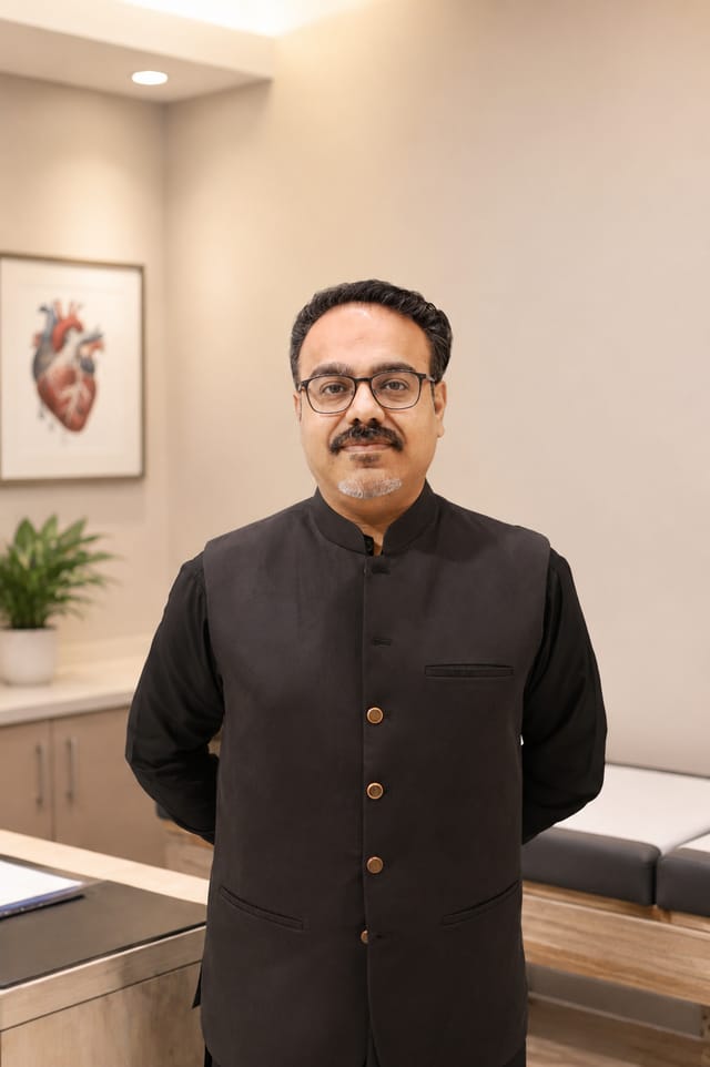 Dr. Muhammad Ali Khan, Consultant Cardiologist, standing in his clinic in Abbottabad